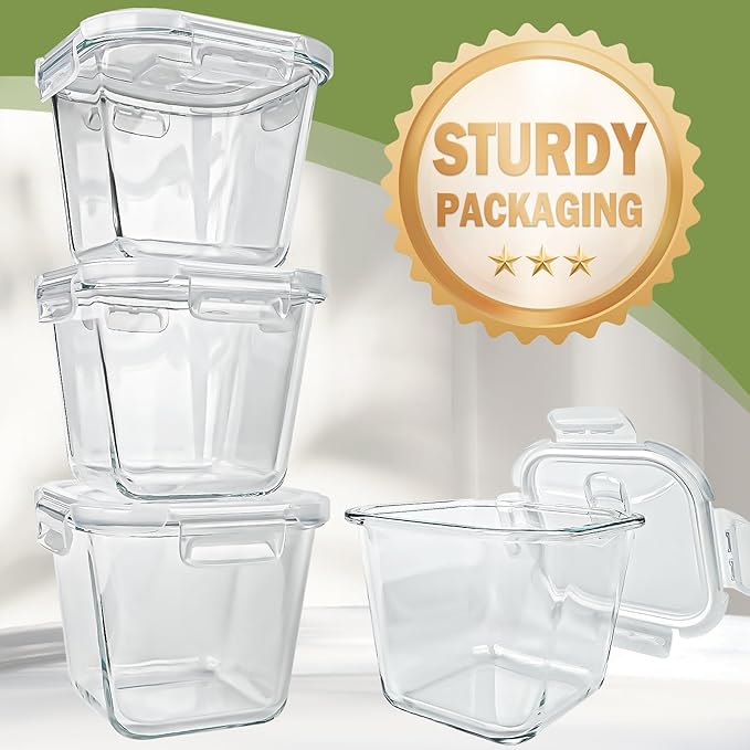 Soup Containers with Lids Glass 32 oz, 4 Cup Borosilicate Glass Food Storage Containers, Microwave & Freezer Safe Jars, Small Square Meal Prep Bowl for Salad, Fruit, Lunch, Ice Cream, Travel, 4 Pack