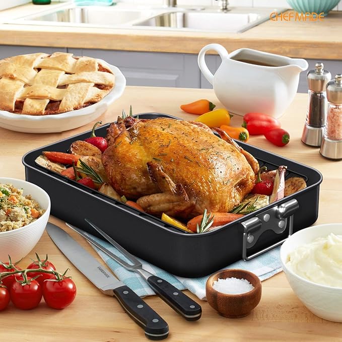 CHEFMADE Turkey Roasting Pan with V Rack, 16 Inch Deep Roasting Pan, Deep Lasagna Pan for BBQ Vegetbale and Meat 16" x 12.8" x 3" (Black)