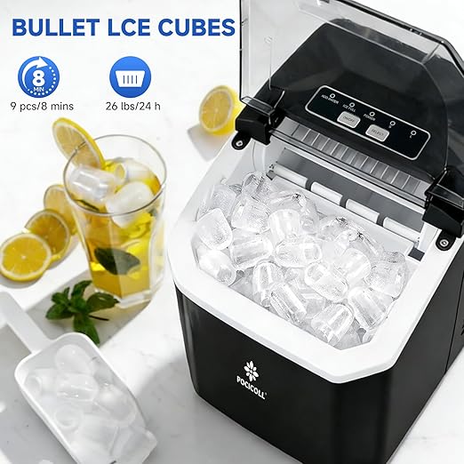 Countertop Ice Maker Machine, 26lbs in 24Hrs, 9 Ice Cubes Ready in 8 Mins, Auto-Cleaning Portable Ice Maker with Basket and Scoop, for Home/Kitchen/Camping/RV (Black)