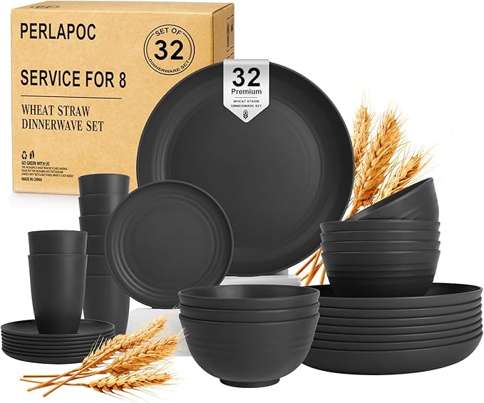Wheat Straw Dinnerware Sets for 8, 32 PCS Unbreakable Plates and Bowls Sets, Reusable Dinnerware Set for Kitchen Outdoor and Apartment Dinning Essentials - Black