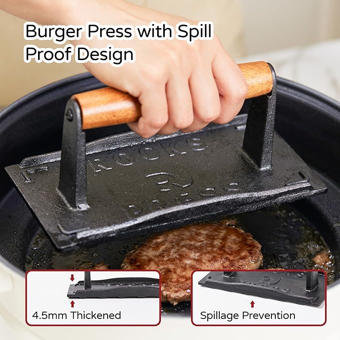 Cast Iron Square Burger Press with Wooden Handle - 8x4 Inch Heavy Duty Patty Maker for Perfectly Shaped Burgers, Steak Patties, and More