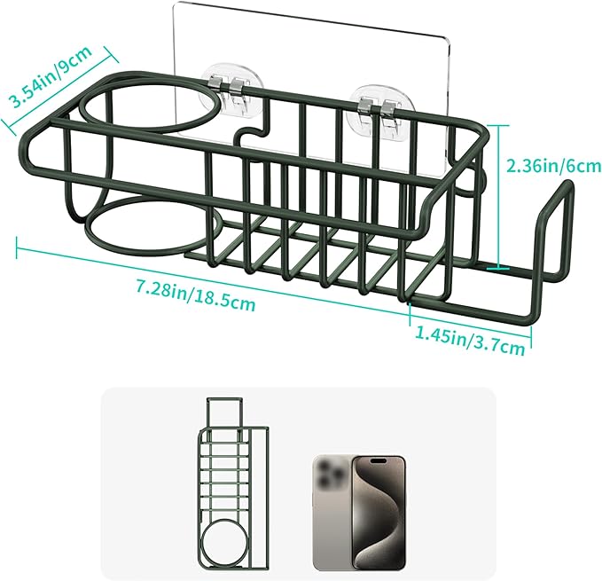 HapiRm Sink Caddy Sponge Holder - No Drill Sponge Holder for Kitchen Sink, Rustproof and Waterproof Kitchen Organizer - Green