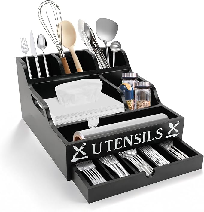 Large Kitchen Utensil Holder with Drawer Organizer, Bamboo Silverware Organizer for Countertop, Cutlery Tray with Dividers for Flatware Spoon Forks Knives Cooking Tool (Black)