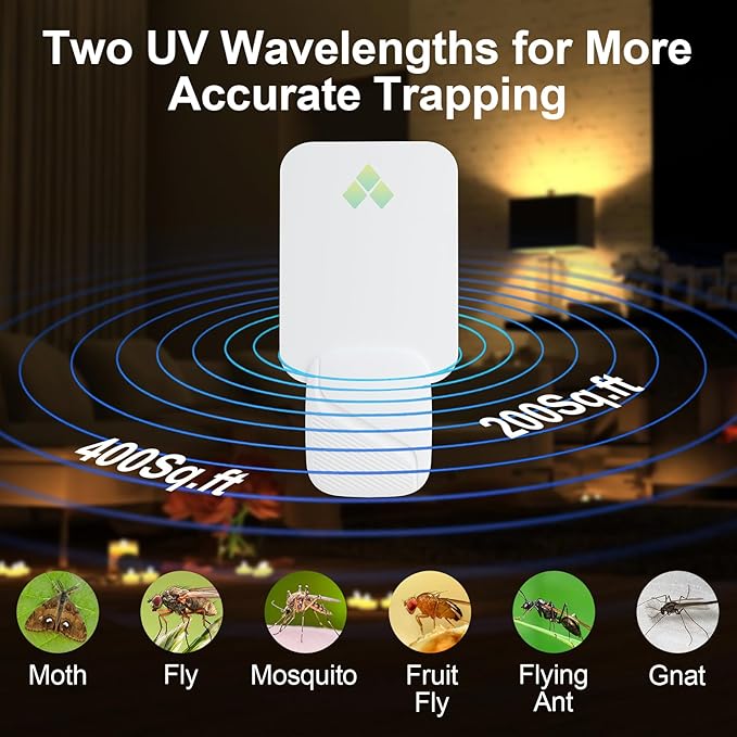 Fly Trap Indoor, Fruit Fly Traps for Indoors, 2 Devices 12 Glue Cards, Two Modes Protect 400 Sq Ft for Home, Fly Catcher Trap for Fruit Flies, Gnats, Mosquito, Flies, Moths, and Other Flying Insects