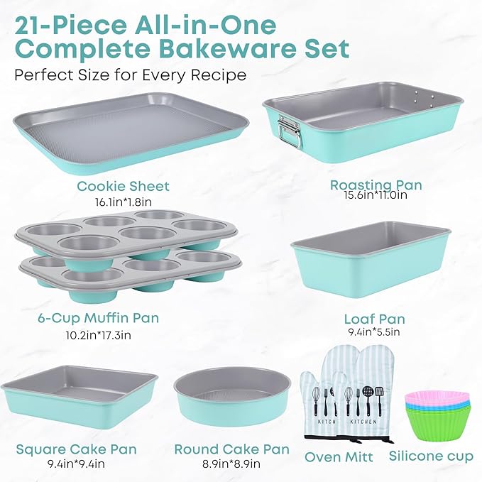 21-pieces Stackable Nonstick Bakeware Set, PTFE/PFOA/PFOS Free Baking Pans Set with Silicone Cup, Oven Mitt, Complete Kitchen Baking Kit for Cake & Loaf, Cookies, Cupcakes