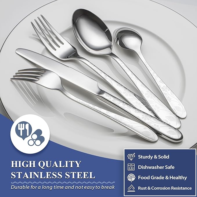 40 Piece Silverware Set Service for 8, EIUBUIE Premium Stainless Steel Cutlery Set, Mirror Polished Flatware Sets with Pattern Handle, Modern Kitchen Eating Utensils Sets Include Spoons Forks Knives