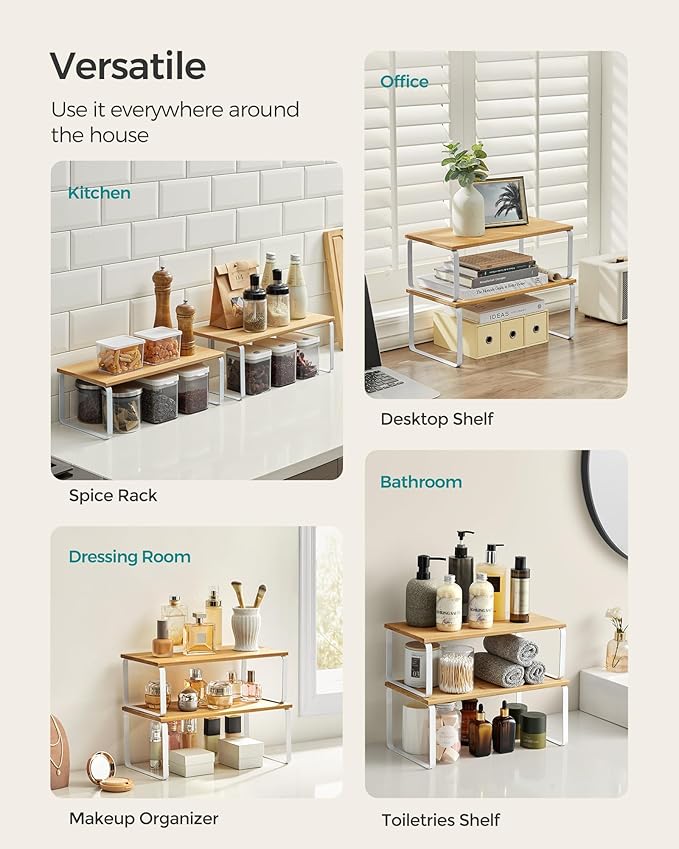 SONGMICS Cabinet Organizer Shelf, Set of 4 Kitchen Counter Shelves, Kitchen Storage, Spice Rack, Stackable, Expandable, Metal and Engineered Wood, Cloud White and Natural Beige UKCS210W01