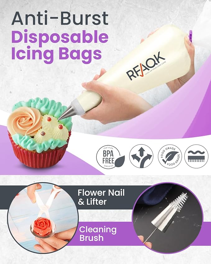RFAQK 74 PCs Icing Piping Bags and Tips Set, Cake Decorating Kit with 48-Numbered Piping Tips, 20+1 Pastry Bags for Cookie Cupcake Cake Decoration, with Booklet and E-book (Purple)