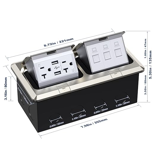 KYHSHJ Dual Pop-Up Floor Electrical Outlet Box Kit，20 Amp Stainless Steel USB TR Receptacle Outlet，3-Port RJ45 Datacom Receptacle，Waterproof Gasket with IP44 Waterproof Rating, Stainless Steel Color