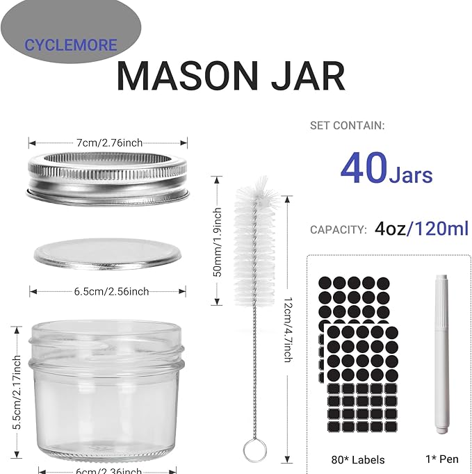 CycleMore 4oz Clear Mason Jars Small Glass Jar With Silver Separable Lids Mini Canning Jars for for Honey, Jam, Jelly, Wedding Favors, Kitchen Food Storage, Set of 40