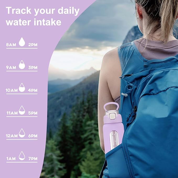chunmo 32 oz Glass Water Bottle with 2 Lids-Handle Spout Lid & Straw Lid, 1 Liter Motivational Borosilicate Water Bottle with Time Marker and Silicone Sleeve,Leakproof-Purple-1 Pack
