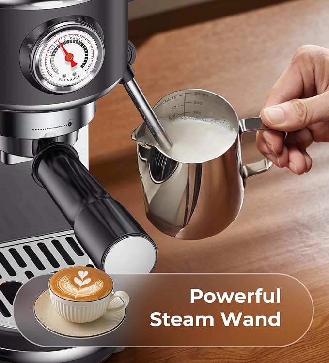 atatix 20 Bar Espresso Machine with Milk Frother, Compact Espresso Maker, Stainless Steel Coffee Machine with Precise Temp Control & 44oz Removable Water Tank for Latte, Cappuccino, Dark Grey
