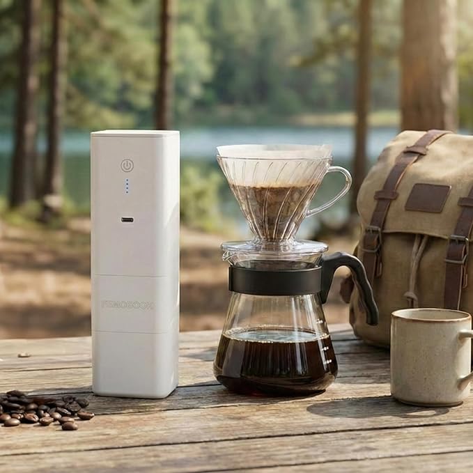 Femobook-A2 Portable Electric Coffee Grinder, Cordless Burr Grinder USB Rechargeable Coffee Grinder Magnetic Grounds Cup for Travel & Home Brewing, White