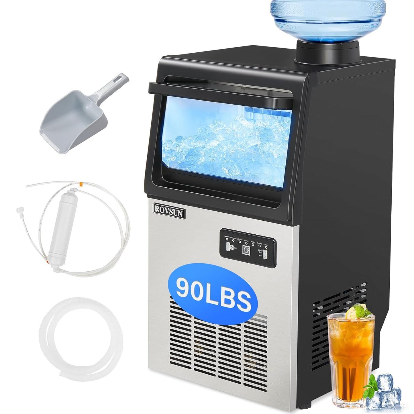 ROVSUN 90LBS/24H Countertop Ice Maker with 2 Water Inlets & Appointment Function, Freestanding Ice Machine with 11lbs Storage Bin, Ice Scoop, Drain Pipe & Water Inlet with Filter