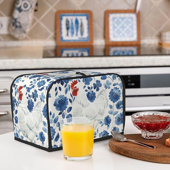 White Rooster On Blue Toaster Cover 2 Slice, Cute Rural Bread Machine Cover, Washable Dust-Proof Cover for Kitchen Small Appliance Cover,with Top Handle