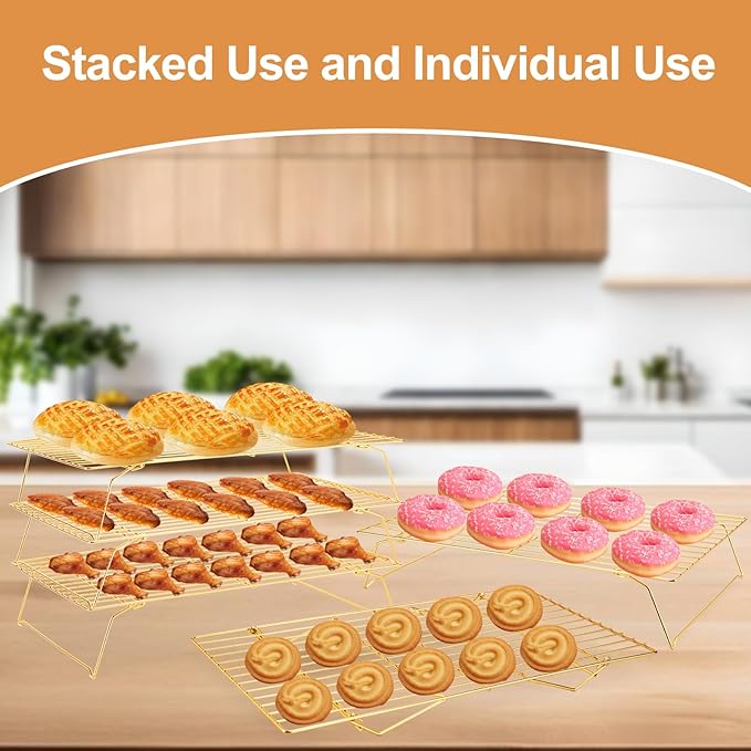 Cooling Rack for Baking 3 Tiers, 16" x 10" Cookie Cooling Wire Rack Stackable Collapsible Nonstick, Stainless Steel Baking Cooking Cooling Racks with Optimum Air Flow, Gold