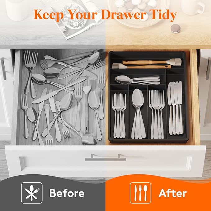 Lifewit Silverware Drawer Organizer Tray, Plastic Cutlery Storage for Kitchen, Flatware and Utensil Holder Divider for Spoons Forks Knives Tableware, 12.3 x 16", 6 Slots, Black