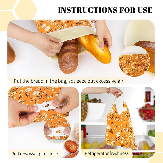2 Pack Beeswax Bread Bags - 17x13 Inch Reusable Bread Storage Bags,Bees Wax Lined Bread Bags for Home Cooks fresh bread storage Easy Clean (Orange-White flowers)