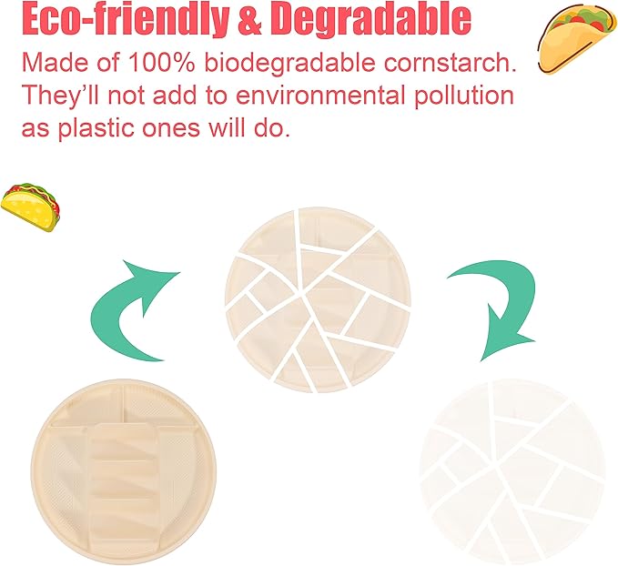 LUVCOSY 10'' Large Disposable Taco Plates, 3-Taco & 4-Sides, Biodegradable Cornstarch Taco Holder, Big Size Fit Soft & Hard Tortilla, Sturdy & Microwave Safe, Bar Serving Set For A Party- 60 Pack