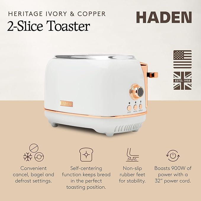 Haden Heritage 2 Slice Wide Slot Stainless Steel Toaster with Adjustable Browning Control & Non-Slip Feet, Ivory & Copper