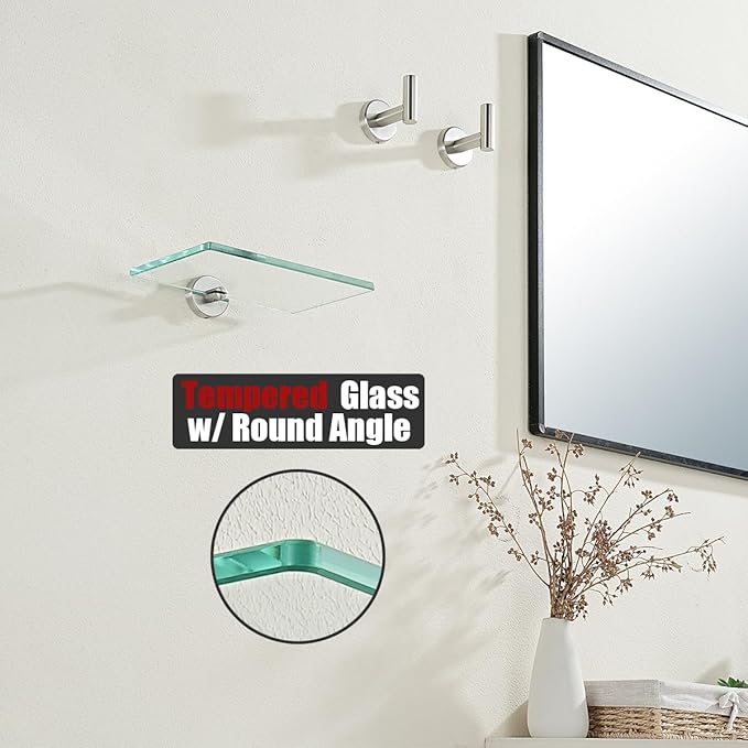 JQK Bathroom Glass Shelf, Tempered Glass Shower Storage 8 by 5 inches, 304 Stainless Steel Brushed Finish Wall Mount 2 Pack, TGS101L8-BN-P2