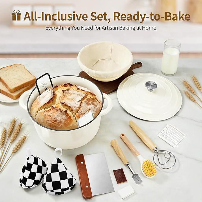 Enameled Cast Iron Dutch Oven with Lid -6.5 QT, incl. Sourdough Bread-Baking Supplies like Banneton Proofing Basket, Heavy Duty Cookware Bread-Oven for Baking, Stews, and Roasting, Cream White