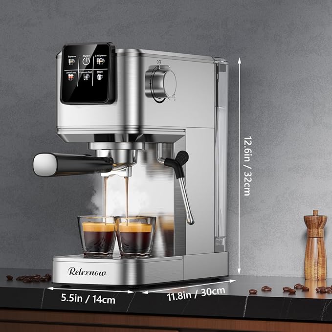 RELEXNOW Espresso Machine, 20 Bar Professional Espresso Coffee Maker with Milk Frother Steam Wand, Hot & Iced Coffee Machine, Compact Stainless Steel Coffee Machine for Cappuccino,Latte,Cold Brew