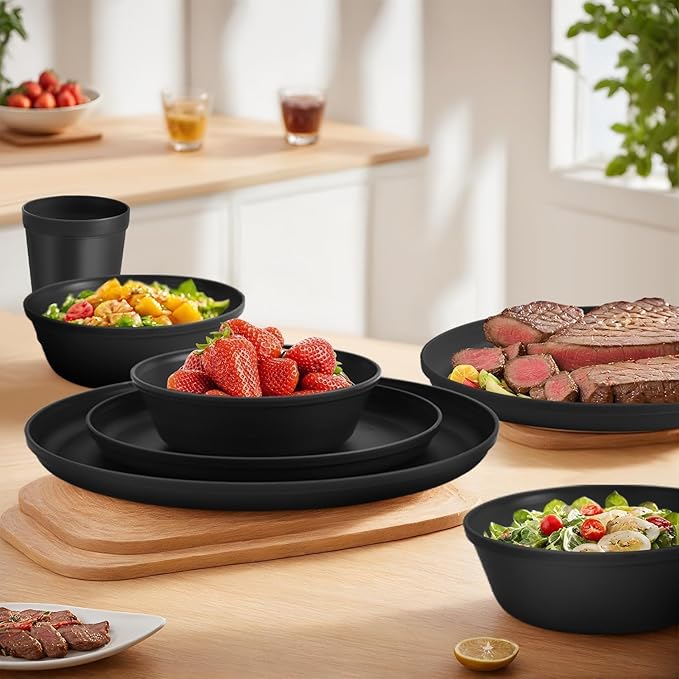 40 Piece Plastic Dinnerware Set for 8 with Cutlery, Unbreakable Plates and Bowls Set, Dishwasher & Microwave Safe Reusable Dish Set for Camping, RV, Outdoor Kitchen, Apartment Dining, Black