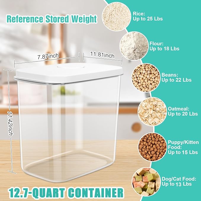 TBMax Large Rice Container 25 Lbs with Easy-Carrying Handles -12.7 Qt Flour Storage Container with Pop Up Lid & Hanging Hooks for Cleaner Use, Airtight Food Storage Bin for Kitchen Organization