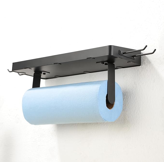 ZUNTO Garage Paper Towel Holder with Shelf, Black Stainless Steel Paper Towel Rack with Hooks, Wall Mount Paper Towel Holder for Kitchen, Garage Organization and Storage