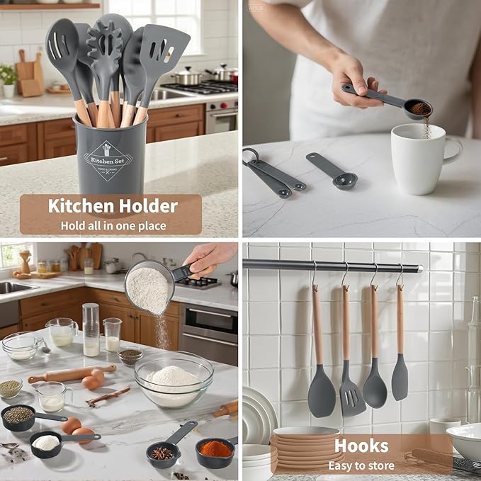77L 32 PCS Silicone Kitchen Cooking Utensils Set, Non-Stick Cooking Kitchen Utensils Spatula Set with Holder, Turner, Tongs, Spatula, Spoon, Wooden Handle Kitchen Gadgets Utensil Set, Dishwasher Safe