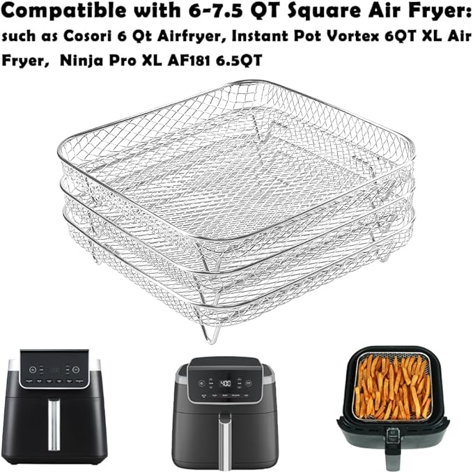 BYKITCHEN 8 inch Square Air Fryer Rack, 3pcs Stackable Stainless Steel Dehydrator Rack with Silicon Feet, Square Air Fryer Accessories for Cosori, Instant Vortex, Ninja Pro XL 6.5 QT AF181 & More