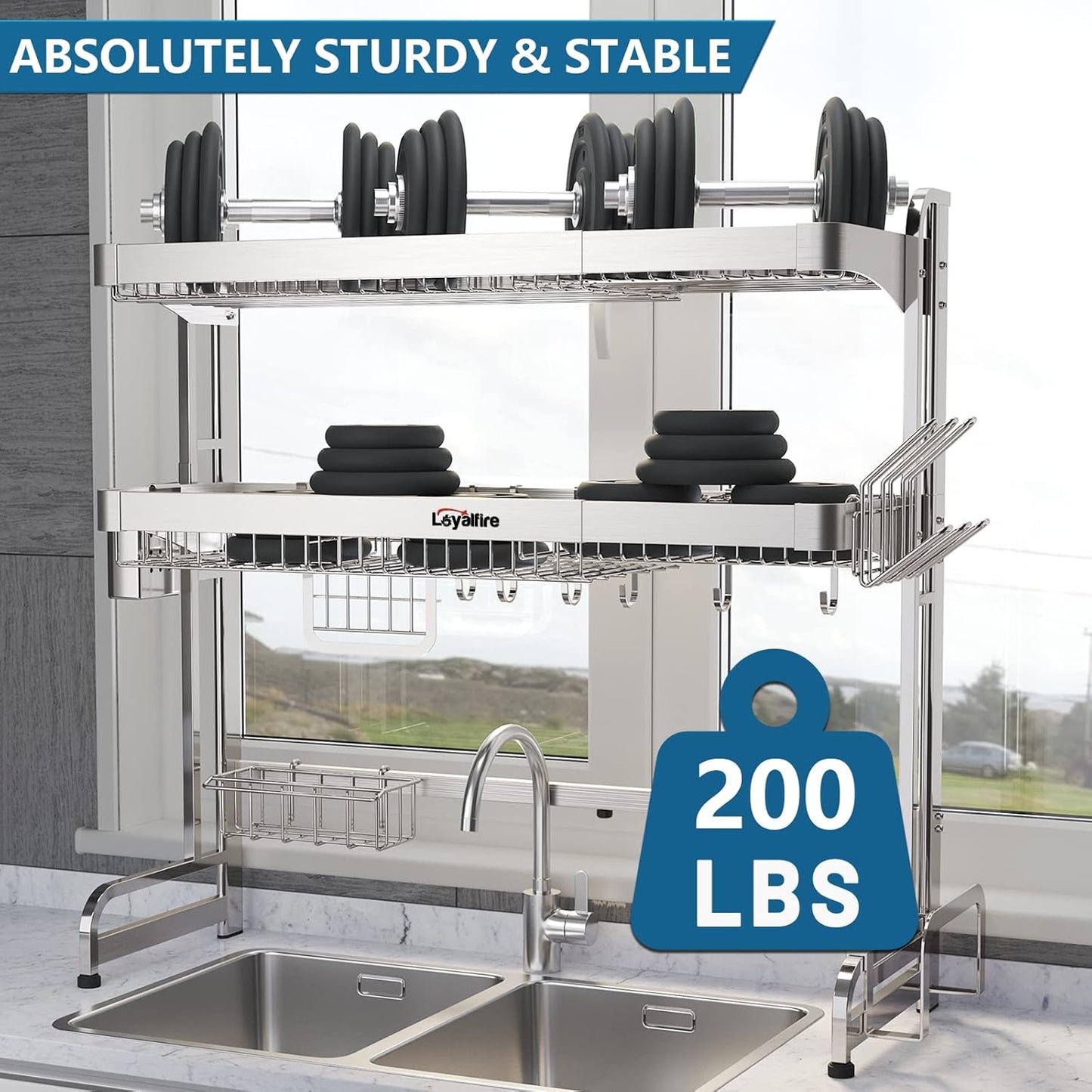 Over Sink Dish Drying Rack, 3 Tier Adjustable Length (20.87'' to 37.6'') Full Stainless Steel Large Storage Kitchen Dish Rack, Expandable Drainer Shelf Rack with Multifunctional Organizers