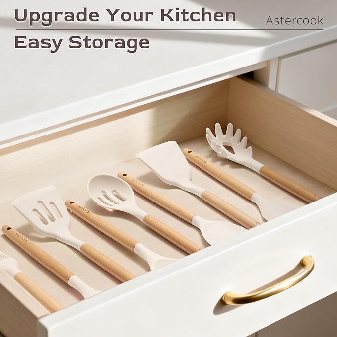 Astercook Kitchen Utensils set, 39 PCS Silicone Cooking Utensils Set with Wooden Handle, 446°F Heat Resistant Food Grade Utensil Sets, BPA Free Kitchen Gadgets Tools Set for Nonstick Cookware (Cream)