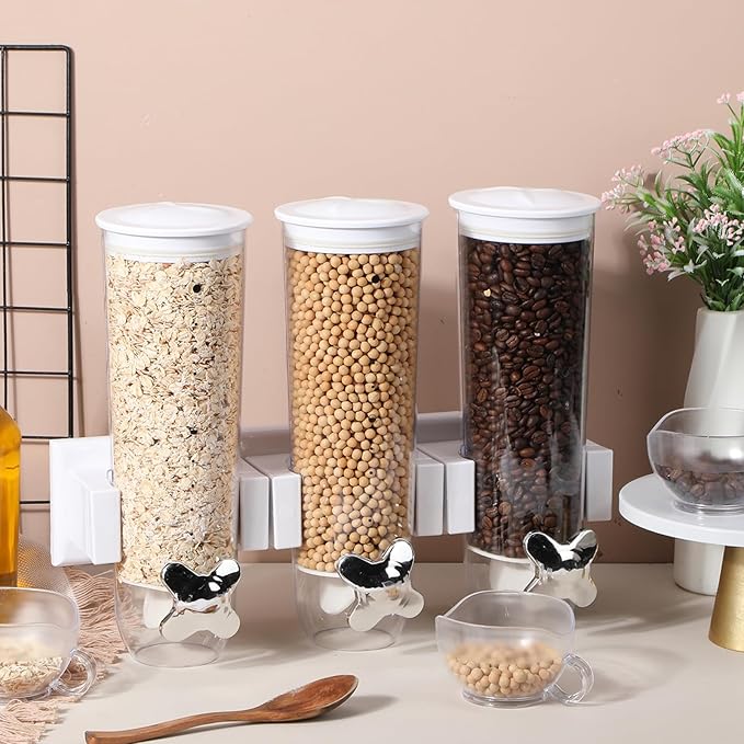 Nitial 2 Pieces Cereal Dispenser Wall Mounted 4.5L Triple Candy Machine Grain Dispenser with Cup Triple Dry Food Snack Wall Mount Cereal Storage Container for Kitchen Food Store Coffee Store (White)