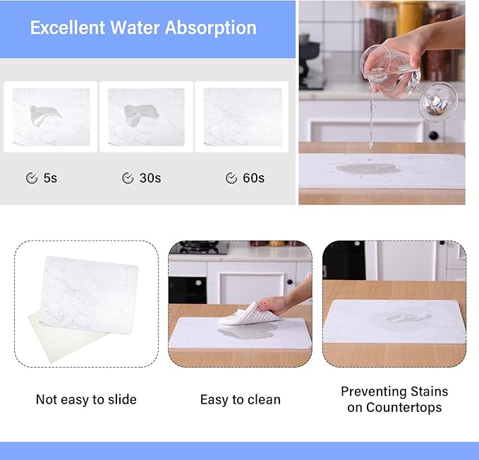 Drydiet 2 Pcs Large Dish Drying Coffee Mat for Kitchen Counter Diatomaceous Dish Dry Mat 11.8" x 18.9" Quick Drying Dry Mats for Coffee Machine Pads(White,Marble)