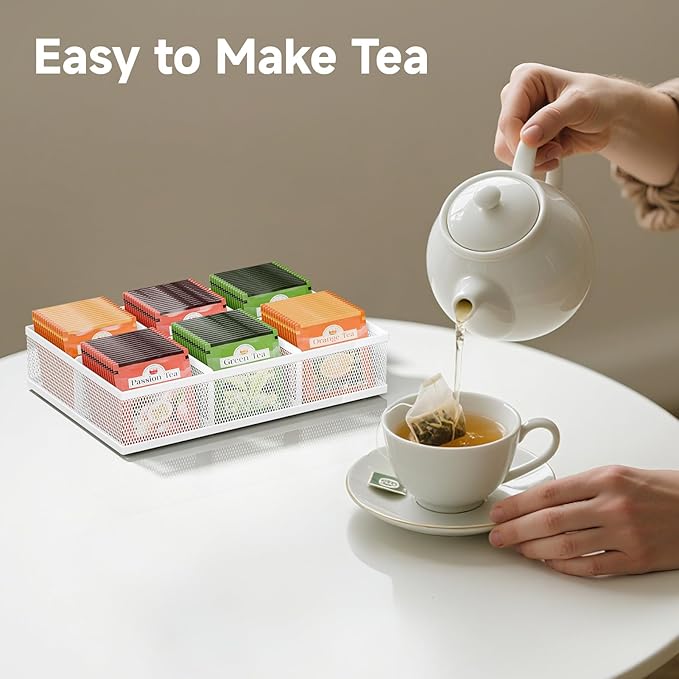 Tea Bag Organizer 6 Grids. Mesh Tea Bag Holder with Handle, Teabag Holder, Tea Station Organizer for Countertop, Pantry, Kitchen, Cabinet -White