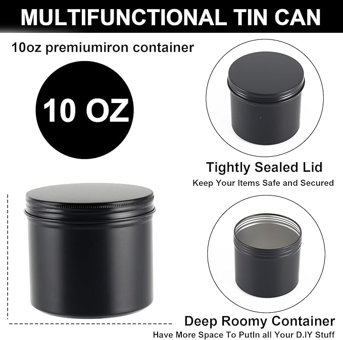 OBKJJ Black Candle Jars 10 oz Matte Tins 24 PCS Metal Candle Containers with Lids Bulk Candle Containers for Balms, Salve, Spices, Beard Balm, Crafts with 4 Markers 6 Sheets Label Stickers (Pack of 2)