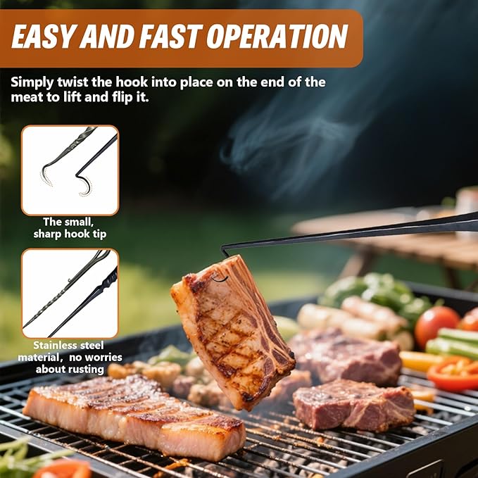 BBQ Turner Hooks, Meat Hook Flipper, Iron BBQF Turner Hooks, Flips Cooking Hooks, BBQ Food Flipper, for Grilling Smoking Frying, Long Handle Meat Hooks (Type A)