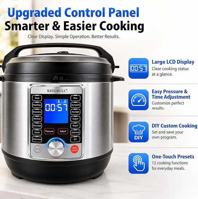 KINGBULL 14-in-1 Electric Pressure Cooker 6 Quart, Stainless Steel Multi Cooker with LCD Display, Slow Cooker, Rice Cooker, Steamer, Sauté, Yogurt Maker, Warmer, DIY Mode, Black
