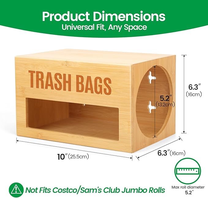 Bamboo Garbage Bag Dispenser Roll Holder - Wall Mount Trash Bag Organizer for 13-33 Gallons, Under Sink Kitchen Grocery Bag Storage Container, Not Suitable for Large Roll
