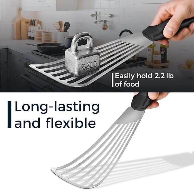Fish Spatula 18/8 Stainless Steel, Thin Long Flexible 12.5-in Metal Spatula Fish Turner Brushed Kitchen Utensil for Outdoor Grilling Daily Barbeque, Dishwasher Safe