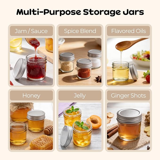 12 Pack 2 oz Small Mason Jars, Mini Glass Jars with Lids for Jam Ginger Shots Honey Spices Wedding Favors, Includes Labels, String & Handmade Tags