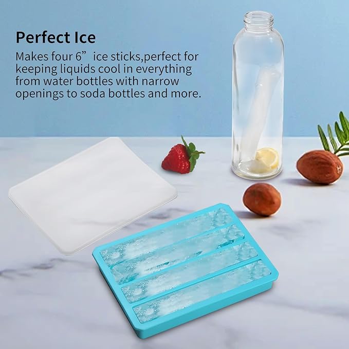 Silicone Ice Cube Trays with Lid for Water Bottles Ice Cube Mold, Easy Release Long Ice Cube Sticks For Bottled Beverage, Soda, Sport Drinks, Burritos Egg (Blue 2 Pack)