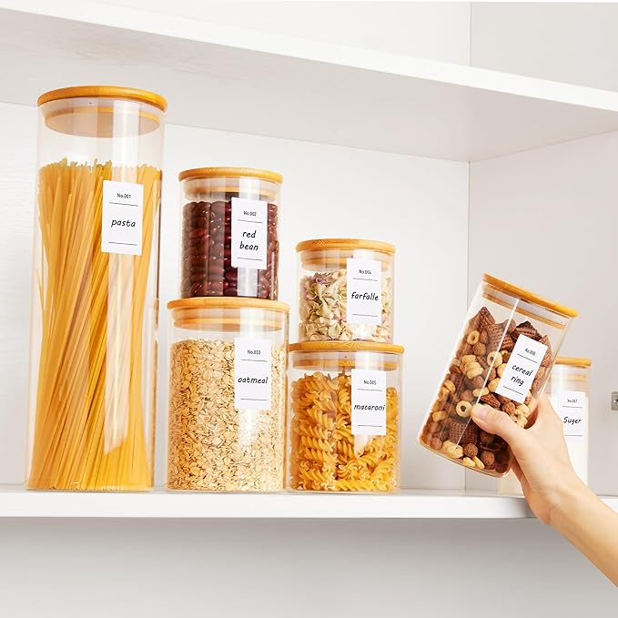 Vtopmart Glass Food Storage Jars, 7 Pack Kitchen Containers with Airtight Bamboo Wooden Lids for Pasta, Cookies, Nuts, Coffee Beans, Cereal, Canisters Set for Flour, Pantry Organization, BPA Free