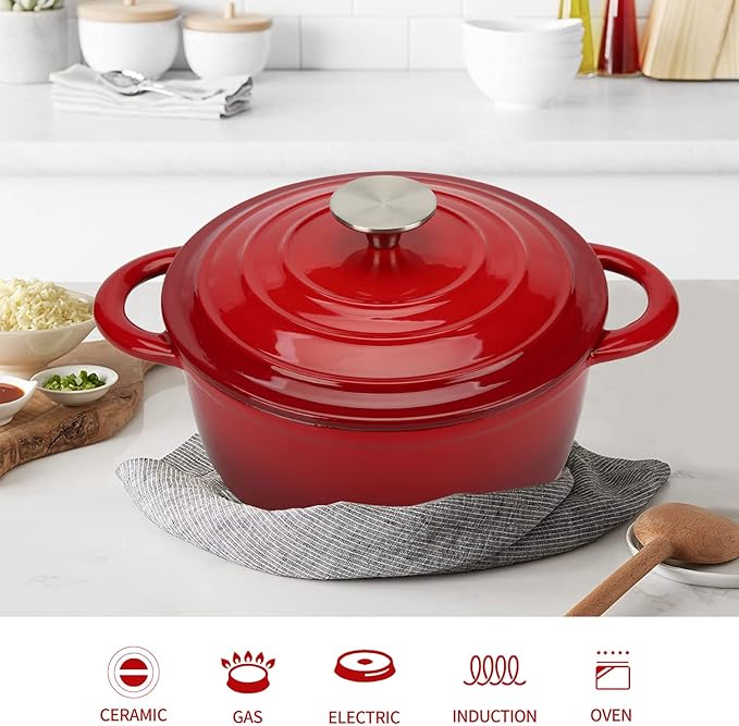 5 Quart Enameled Cast Iron Dutch Oven with Lid, Heavy-Duty Pot Cookware for Bread Sourdough Baking, Braising, Stews, Roasting