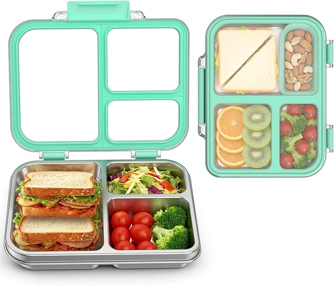 Stainless Steel Bento Box for Kids, 3-Compartment Metal Lunch Box with Clear Lid & Removable Silicone, Lunch Box Kids with Silicone Inner Container for Meal Prep, School, Office (Blue)