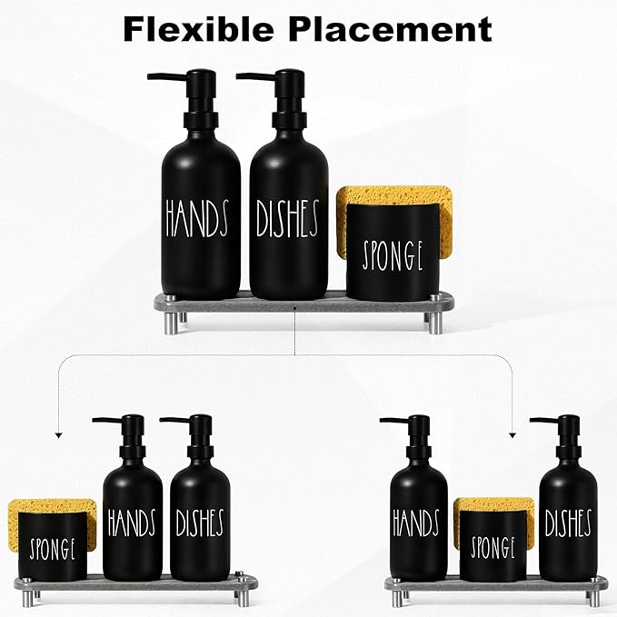 Kitchen Soap Dispenser Set, 16.9 fl oz Hand and Dish Soap Dispensers with Tray, Black Kitchen Soap Dispenser Set with Sponge Holder, Instant Dry Tray, Countertop Sink Organizer Accessories