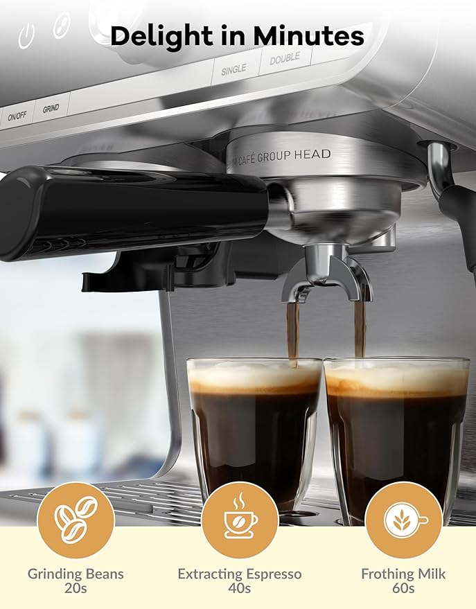 GarveeHome Espresso Machine With Grinder, 20 Bar Semi-Automatic Espresso Coffee Maker With Milk Frother Steamer Wand Cappuccino Latte Macchiato, 95 oz Water Tank, Pid Temperature Control-Light Gray