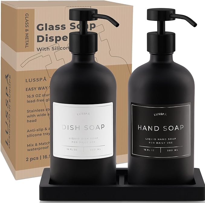 Glass Soap Dispenser Set of 2 (Black) with Silicone Tray | Hand and Dish Soap Dispenser for Kitchen and Bathroom | 16.8 Oz Glass Bottles with Stainless Steel Pump & 15 Waterproof Labels (Black)